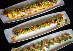 a couple of plates that have some food on them